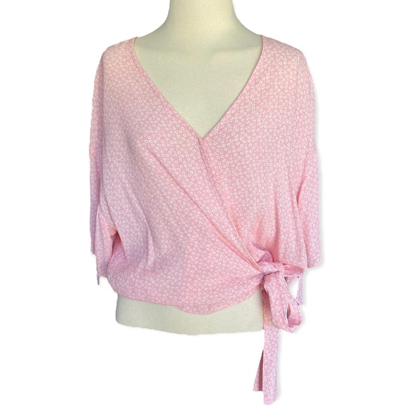 Gap Floral Wrap Front Tie Blouse XL Light Pink Crepe V Neck Kimono Sleeves - Picture 1 of 9
